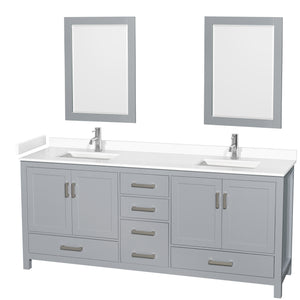 Sheffield 80 Inch Double Bathroom Vanity in Gray White Cultured Marble Countertop Undermount Square Sinks 24 Inch Mirrors