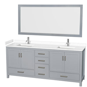 Sheffield 80 Inch Double Bathroom Vanity in Gray White Cultured Marble Countertop Undermount Square Sinks 70 Inch Mirror