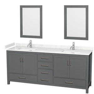 Sheffield 80 Inch Double Bathroom Vanity in Dark Gray Carrara Cultured Marble Countertop Undermount Square Sinks 24 Inch Mirrors