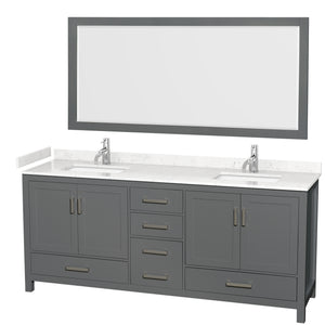 Sheffield 80 Inch Double Bathroom Vanity in Dark Gray Carrara Cultured Marble Countertop Undermount Square Sinks 70 Inch Mirror