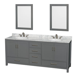 Sheffield 80 Inch Double Bathroom Vanity in Dark Gray White Carrara Marble Countertop Undermount Oval Sinks and 24 Inch Mirrors