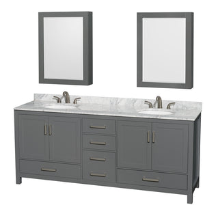 Sheffield 80 Inch Double Bathroom Vanity in Dark Gray White Carrara Marble Countertop Undermount Oval Sinks and Medicine Cabinets