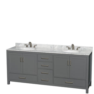Sheffield 80 Inch Double Bathroom Vanity in Dark Gray White Carrara Marble Countertop Undermount Oval Sinks and No Mirror