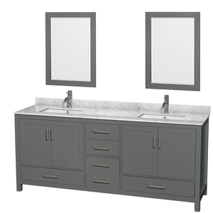 Sheffield 80 Inch Double Bathroom Vanity in Dark Gray White Carrara Marble Countertop Undermount Square Sinks and 24 Inch Mirrors