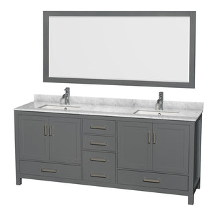 Sheffield 80 Inch Double Bathroom Vanity in Dark Gray White Carrara Marble Countertop Undermount Square Sinks and 70 Inch Mirror
