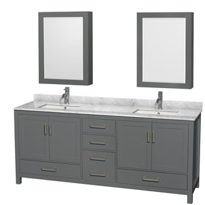 Sheffield 80 Inch Double Bathroom Vanity in Dark Gray White Carrara Marble Countertop Undermount Square Sinks and Medicine Cabinets