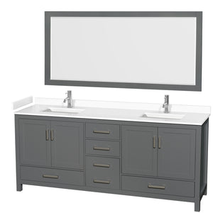 Sheffield 80 Inch Double Bathroom Vanity in Dark Gray White Cultured Marble Countertop Undermount Square Sinks 70 Inch Mirror