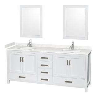 Sheffield 80 Inch Double Bathroom Vanity in White Carrara Cultured Marble Countertop Undermount Square Sinks 24 Inch Mirrors