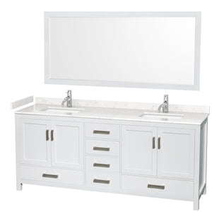 Sheffield 80 Inch Double Bathroom Vanity in White Carrara Cultured Marble Countertop Undermount Square Sinks 70 Inch Mirror
