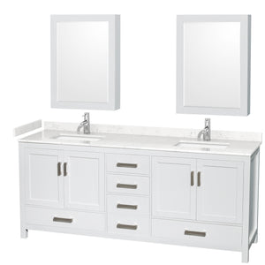Sheffield 80 Inch Double Bathroom Vanity in White Carrara Cultured Marble Countertop Undermount Square Sinks Medicine Cabinets