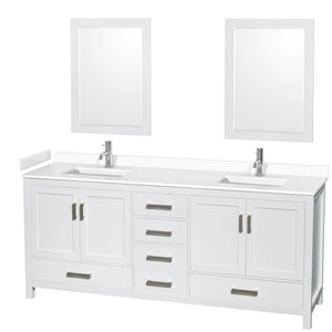 Sheffield 80 Inch Double Bathroom Vanity in White White Cultured Marble Countertop Undermount Square Sinks 24 Inch Mirrors