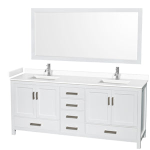 Sheffield 80 Inch Double Bathroom Vanity in White White Cultured Marble Countertop Undermount Square Sinks 70 Inch Mirror