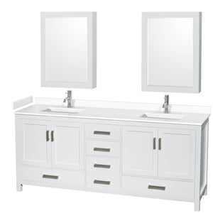 Sheffield 80 Inch Double Bathroom Vanity in White White Cultured Marble Countertop Undermount Square Sinks Medicine Cabinets
