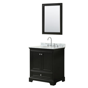 Deborah 30 Inch Single Bathroom Vanity in Dark Espresso White Carrara Marble Countertop Undermount Oval Sink and 24 Inch Mirror