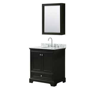 Deborah 30 Inch Single Bathroom Vanity in Dark Espresso White Carrara Marble Countertop Undermount Oval Sink and Medicine Cabinet