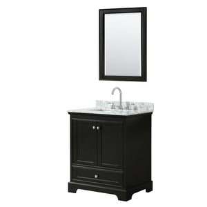 Deborah 30 Inch Single Bathroom Vanity in Dark Espresso White Carrara Marble Countertop Undermount Square Sink and 24 Inch Mirror
