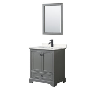 Deborah 30 Inch Single Bathroom Vanity in Dark Gray Carrara Cultured Marble Countertop Undermount Square Sink Matte Black Trim 24 Inch Mirror