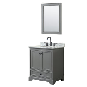 Deborah 30 Inch Single Bathroom Vanity in Dark Gray White Carrara Marble Countertop Undermount Oval Sink Matte Black Trim 24 Inch Mirror