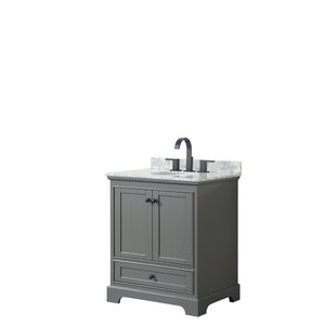 Deborah 30 Inch Single Bathroom Vanity in Dark Gray White Carrara Marble Countertop Undermount Oval Sink Matte Black Trim