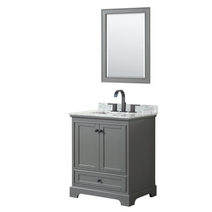 Deborah 30 Inch Single Bathroom Vanity in Dark Gray White Carrara Marble Countertop Undermount Square Sink Matte Black Trim 24 Inch Mirror