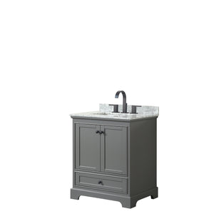 Deborah 30 Inch Single Bathroom Vanity in Dark Gray White Carrara Marble Countertop Undermount Square Sink Matte Black Trim