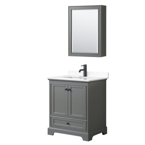 Deborah 30 Inch Single Bathroom Vanity in Dark Gray White Cultured Marble Countertop Undermount Square Sink Matte Black Trim Medicine Cabinet