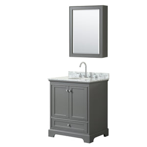 Deborah 30 Inch Single Bathroom Vanity in Dark Gray White Carrara Marble Countertop Undermount Oval Sink and Medicine Cabinet