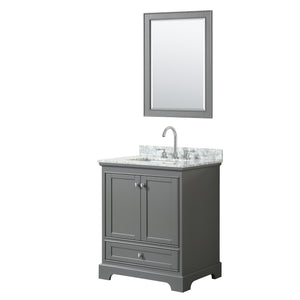 Deborah 30 Inch Single Bathroom Vanity in Dark Gray White Carrara Marble Countertop Undermount Square Sink and 24 Inch Mirror