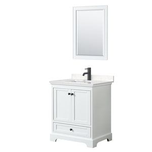 Deborah 30 Inch Single Bathroom Vanity in White Carrara Cultured Marble Countertop Undermount Square Sink Matte Black Trim 24 Inch Mirror