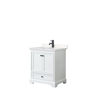 Deborah 30 Inch Single Bathroom Vanity in White Carrara Cultured Marble Countertop Undermount Square Sink Matte Black Trim