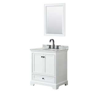 Deborah 30 Inch Single Bathroom Vanity in White White Carrara Marble Countertop Undermount Oval Sink Matte Black Trim 24 Inch Mirror