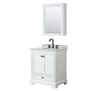 Deborah 30 Inch Single Bathroom Vanity in White White Carrara Marble Countertop Undermount Oval Sink Matte Black Trim Medicine Cabinet