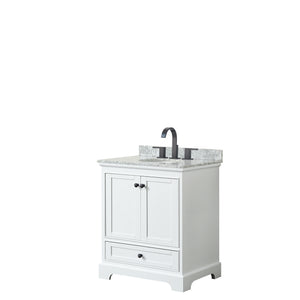 Deborah 30 Inch Single Bathroom Vanity in White White Carrara Marble Countertop Undermount Oval Sink Matte Black Trim