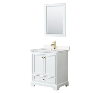 Deborah 30 Inch Single Bathroom Vanity in White Carrara Cultured Marble Countertop Undermount Square Sink Brushed Gold Trim 24 Inch Mirror