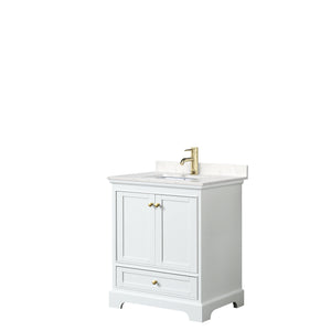 Deborah 30 Inch Single Bathroom Vanity in White Carrara Cultured Marble Countertop Undermount Square Sink Brushed Gold Trim No Mirror