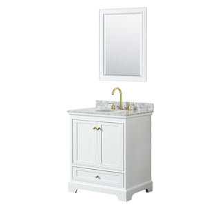 Deborah 30 Inch Single Bathroom Vanity in White White Carrara Marble Countertop Undermount Oval Sink Brushed Gold Trim 24 Inch Mirror