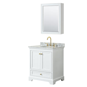 Deborah 30 Inch Single Bathroom Vanity in White White Carrara Marble Countertop Undermount Oval Sink Brushed Gold Trim Medicine Cabinet