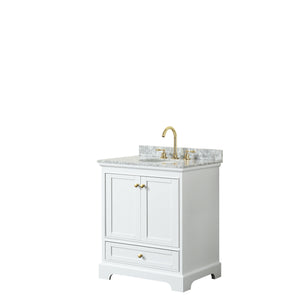 Deborah 30 Inch Single Bathroom Vanity in White White Carrara Marble Countertop Undermount Oval Sink Brushed Gold Trim No Mirror