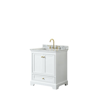 Deborah 30 Inch Single Bathroom Vanity in White White Carrara Marble Countertop Undermount Square Sink Brushed Gold Trim No Mirror