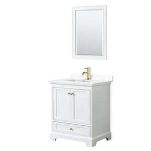 Deborah 30 Inch Single Bathroom Vanity in White White Cultured Marble Countertop Undermount Square Sink Brushed Gold Trim 24 Inch Mirror