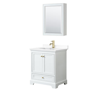 Deborah 30 Inch Single Bathroom Vanity in White White Cultured Marble Countertop Undermount Square Sink Brushed Gold Trim Medicine Cabinet
