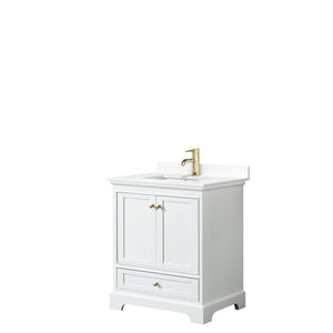 Deborah 30 Inch Single Bathroom Vanity in White White Cultured Marble Countertop Undermount Square Sink Brushed Gold Trim No Mirror