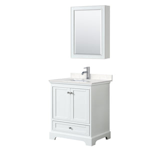 Deborah 30 Inch Single Bathroom Vanity in White Carrara Cultured Marble Countertop Undermount Square Sink Medicine Cabinet