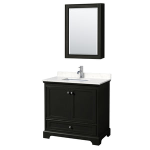 Deborah 36 Inch Single Bathroom Vanity in Dark Espresso Carrara Cultured Marble Countertop Undermount Square Sink Medicine Cabinet