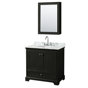 Deborah 36 Inch Single Bathroom Vanity in Dark Espresso White Carrara Marble Countertop Undermount Oval Sink and Medicine Cabinet