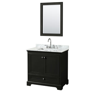 Deborah 36 Inch Single Bathroom Vanity in Dark Espresso White Carrara Marble Countertop Undermount Square Sink and 24 Inch Mirror