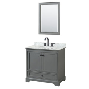 Deborah 36 Inch Single Bathroom Vanity in Dark Gray White Carrara Marble Countertop Undermount Oval Sink Matte Black Trim 24 Inch Mirror