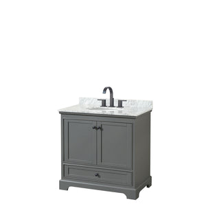 Deborah 36 Inch Single Bathroom Vanity in Dark Gray White Carrara Marble Countertop Undermount Oval Sink Matte Black Trim