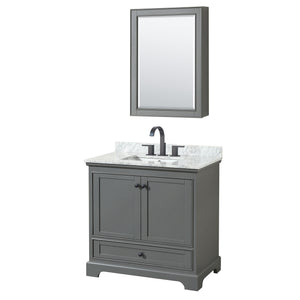 Deborah 36 Inch Single Bathroom Vanity in Dark Gray White Carrara Marble Countertop Undermount Square Sink Matte Black Trim Medicine Cabinet