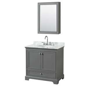 Deborah 36 Inch Single Bathroom Vanity in Dark Gray White Carrara Marble Countertop Undermount Oval Sink and Medicine Cabinet